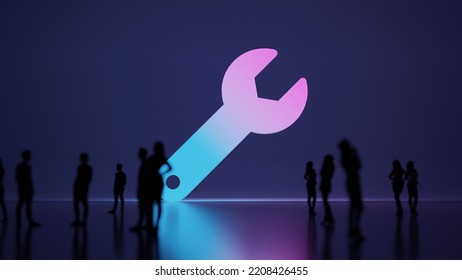 3d Rendering Blured People In Front Of Big White Symbol Of Wrench With Small Hole With Subtle Back Light And Glow With Floor Reflection