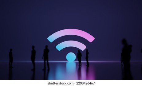 3d Rendering Blured People In Front Of Big White Symbol Of Wi-Fi Signal With Signal Waves With Subtle Back Light And Glow With Floor Reflection