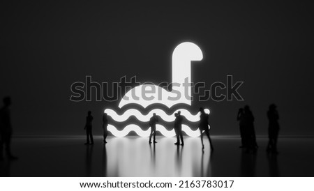 3d rendering blured people in front of big white symbol of loch ness monster wild animal in the water with subtle back light and glow with floor reflection