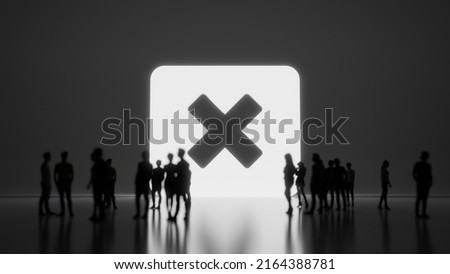 3d rendering blured people in front of big white symbol of cancel cross in rounded rectangle with subtle back light and glow with floor reflection