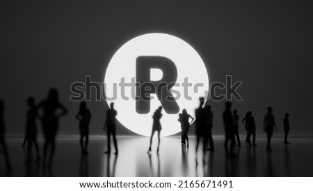 3d rendering blured people in front of big white symbol of letter r in circle with subtle back light and glow with floor reflection