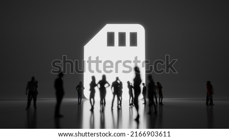 3d rendering blured people in front of big white symbol of memory card with subtle back light and glow with floor reflection