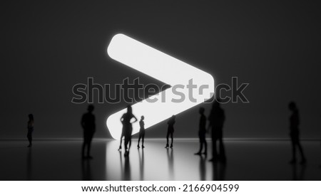 3d rendering blured people in front of big white symbol of greater than symbol with subtle back light and glow with floor reflection