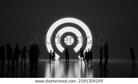 3d rendering blured people in front of big white symbol of connection circular wires with subtle back light and glow with floor reflection