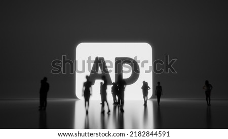 3d rendering blured people in front of big white symbol of audio description icon with subtle back light and glow with floor reflection