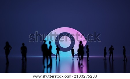 3d rendering blured people in front of big white symbol of open eye with subtle back light and glow with floor reflection