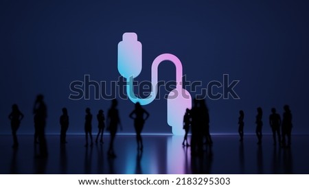 3d rendering blured people in front of big white symbol of usb cable connector with subtle back light and glow with floor reflection