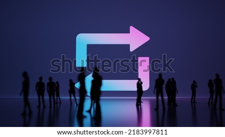 3d rendering blured people in front of big white symbol of repeat sign with subtle back light and glow with floor reflection