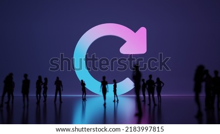 3d rendering blured people in front of big white symbol of redo circle arrow with subtle back light and glow with floor reflection