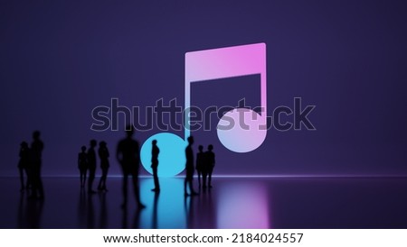 3d rendering blured people in front of big white symbol of music note with subtle back light and glow with floor reflection