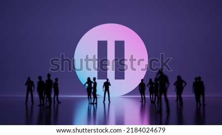 3d rendering blured people in front of big white symbol of thin inverted pause symbol in circle with subtle back light and glow with floor reflection