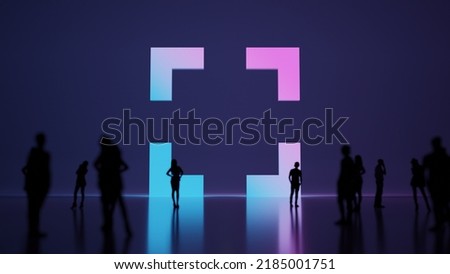 3d rendering blured people in front of big white symbol of expand frame marks with subtle back light and glow with floor reflection