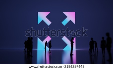 3d rendering blured people in front of big white symbol of expand arrows with subtle back light and glow with floor reflection