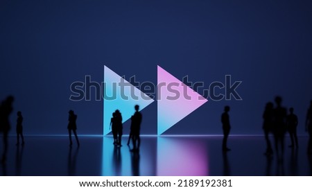 3d rendering blured people in front of big white symbol of double fast forward right triangle arrows with subtle back light and glow with floor reflection