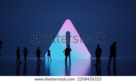 3d rendering blured people in front of big white symbol of exclamation sign in triangle with subtle back light and glow with floor reflection