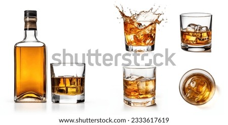 3d rendering of bottle of Rum, glass of rum, top view and side view, splashes