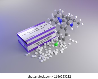 3D Rendering Of A Box Of Chloroquine Pills And A Model Of The Chloroquine Molecule