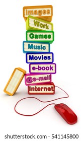 3D rendering Boxes with different computer options attached to a computer mouse