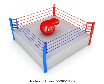  3D Rendering of boxing glove in a ring. 3D Rendering isolated on white.
