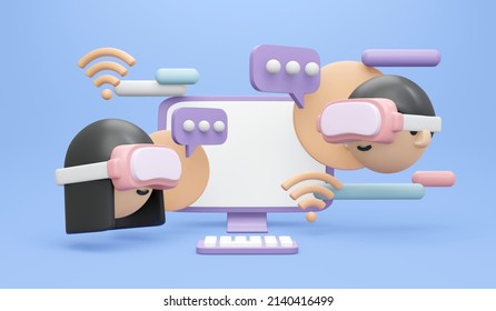 3D Rendering of boy girl with visual reality glasses chatting on computer concept of VR Metaverse technology. 3D Render illustration cartoon style.