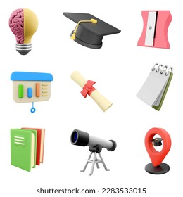 3d rendering brain lamp, graduation hat, pencil sharpener, presentation board, diploma, notepad, two books, telescope and school location icon set. 3d render education concept icon. 3D Illustration