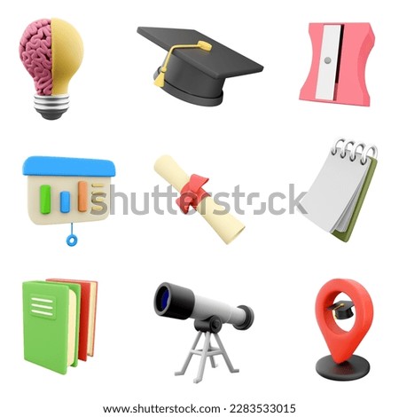 3d rendering brain lamp, graduation hat, pencil sharpener, presentation board, diploma, notepad, two books, telescope and school location icon set. 3d render education concept icon. 3D Illustration