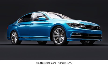 3d Rendering Of A Brandless Generic Blue Car In A Black Studio Environment