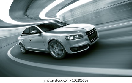 3d rendering of a brandless generic car of my own design in a tunnel with heavy motion blur