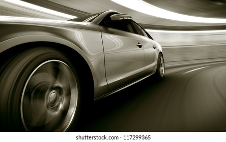 3d rendering of a brandless generic car of my own design in a tunnel with heavy motion blur