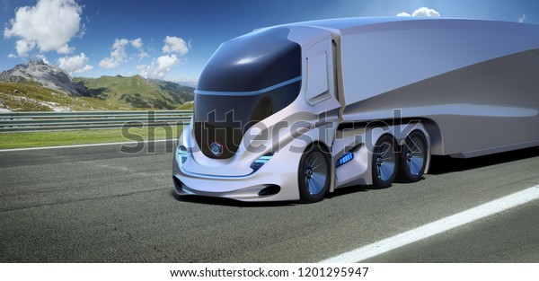 3D rendering of a\
brand-less generic concept truck. Electric autonomous truck in\
outside environment
