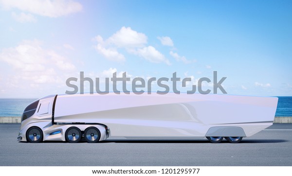 3D rendering of a\
brand-less generic concept truck. Electric autonomous truck in\
outside environment