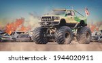 3D rendering of a brand-less generic monster truck doing stunts