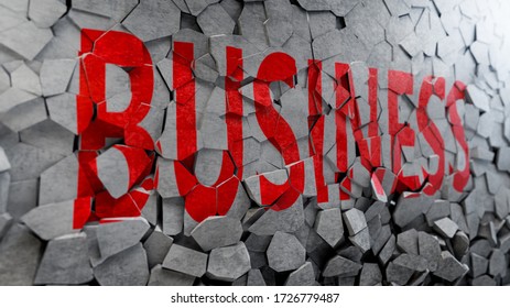 3D rendering of breaking wall with Business text. Concept of crisis and problems in economics. Demolishing and exploding wall with business