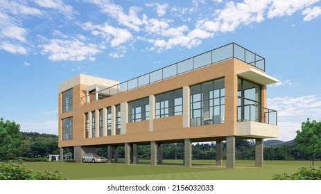 3d Rendering Of A Brick Modern Cafe In The Country. Architectural Illustration Of A Linear Cafe With Roof Garden And Pilotis