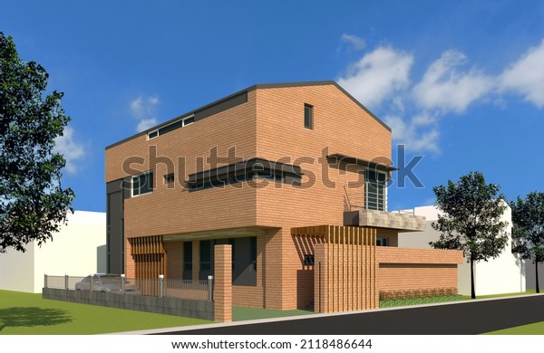 3D Rendering of brick single\
house in Seocho. Architectural illustration of modern\
house