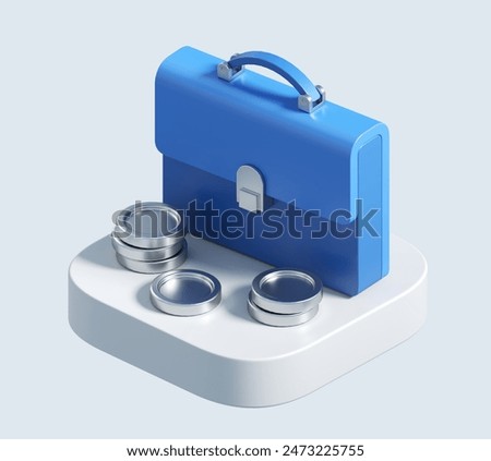 3d rendering of briefcase with coins. stylized simple 3d icon of blue case. 3d illustration for business 