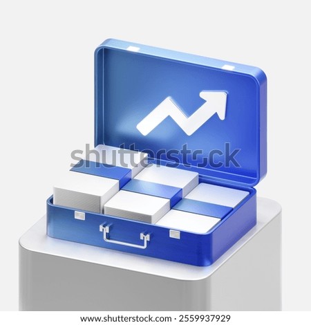 3d rendering of briefcase with coins. stylized simple 3d icon of blue case. 3d illustration for business