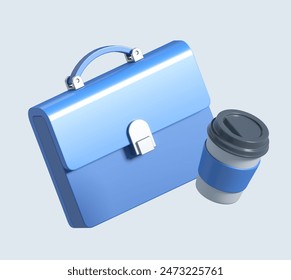 3d rendering of briefcase with cup of coffee. stylized simple 3d icon of blue case. 3d illustration for business 