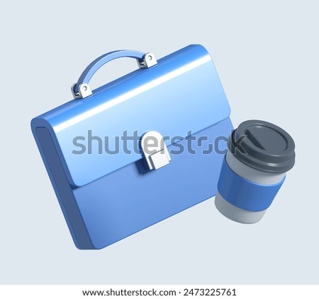 3d rendering of briefcase with cup of coffee. stylized simple 3d icon of blue case. 3d illustration for business 