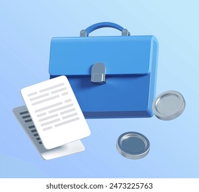 3d rendering of briefcase with document papers and coins. stylized simple 3d icon of blue case. 3d illustration for business 