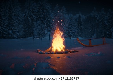 3d rendering of bright campfire with sparks and particles in front of snowy pine trees
