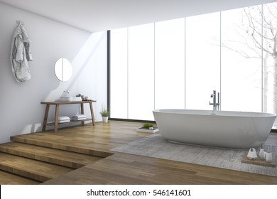 3d Rendering Bright Modern Bathroom Near Window In Winter