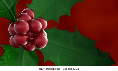 A 3d rendering of bright red berries, green, spiny-lobed leaves associated with Christmas decorations, the species is English holly or Ilex aquifolium.