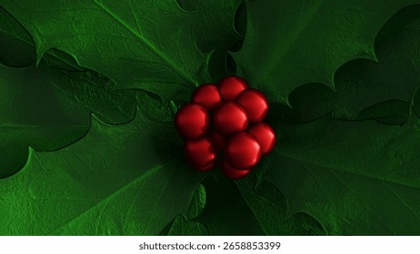 A 3d rendering of bright red berries, green, spiny-lobed leaves associated with Christmas decorations, the species is English holly or Ilex aquifolium.