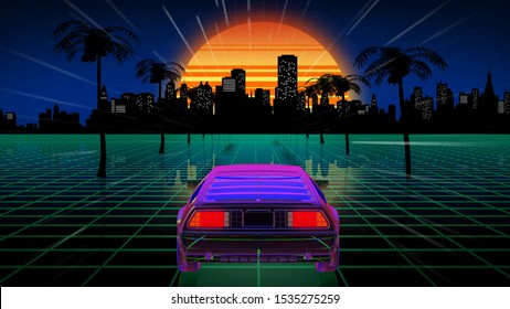 3D Rendering Bright Retro Futuristic World Of Computer Space In The Style Of Science Fiction Of The 80s. Futuristic Car In Virtual Space
