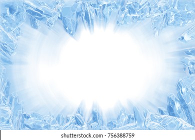 3D Rendering, Broken Blue Crystal Ice Wall With Hole And Place For Your Text Isolated On White Background. With Light Ray Effect