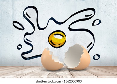 3d Rendering Of Broken Egg Shell With Cartoon Yolk And White On White Wall Background. Digital Art. Food And Cuisine. Art Of Cooking.