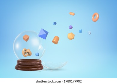 3d Rendering Of Broken Glass Snow Globe Letting Out Different Geometric Shapes That Are Flying Away On Light Blue Gradient Background. Objects And Shapes. Creative Ideas.