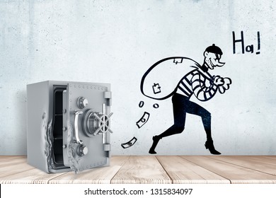 3d Rendering Of Broken Open Safe Vault On White Wooden Floor And Cartoon Robber With Money Bag And 'HA' Sign On White Wall Background. Management And Finance. Money Risks. Bank Robbery.