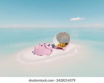 3D rendering of a broken piggy bank on a small sand island with coins on a calm sea background. Holiday savings concept. - Powered by Shutterstock